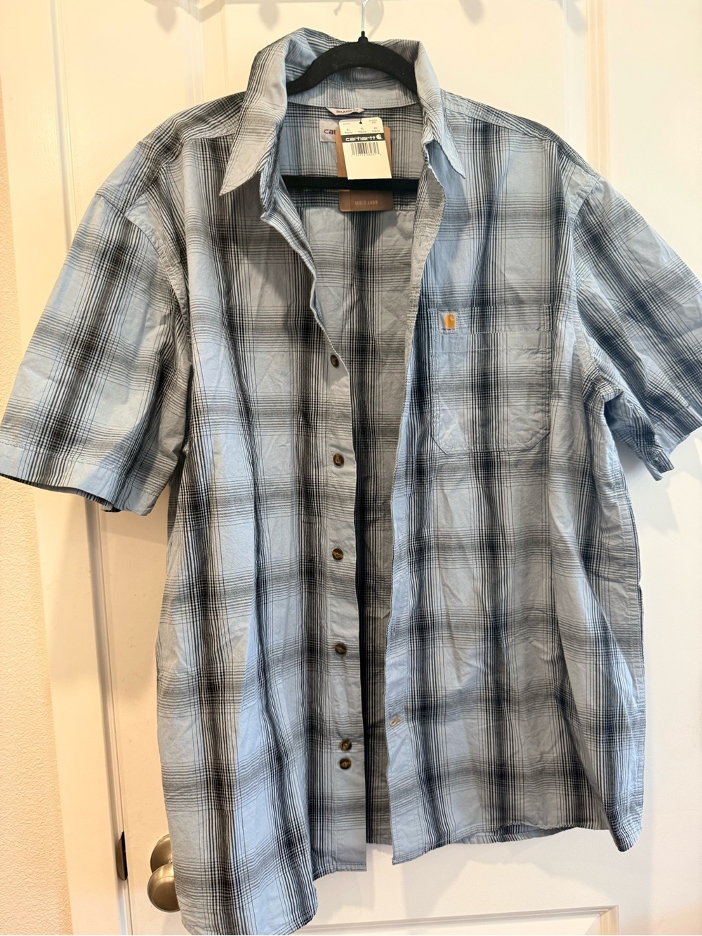 XL Carhartt Light Blue and Black Plaid Short-Sleeve Button-Down Shirt